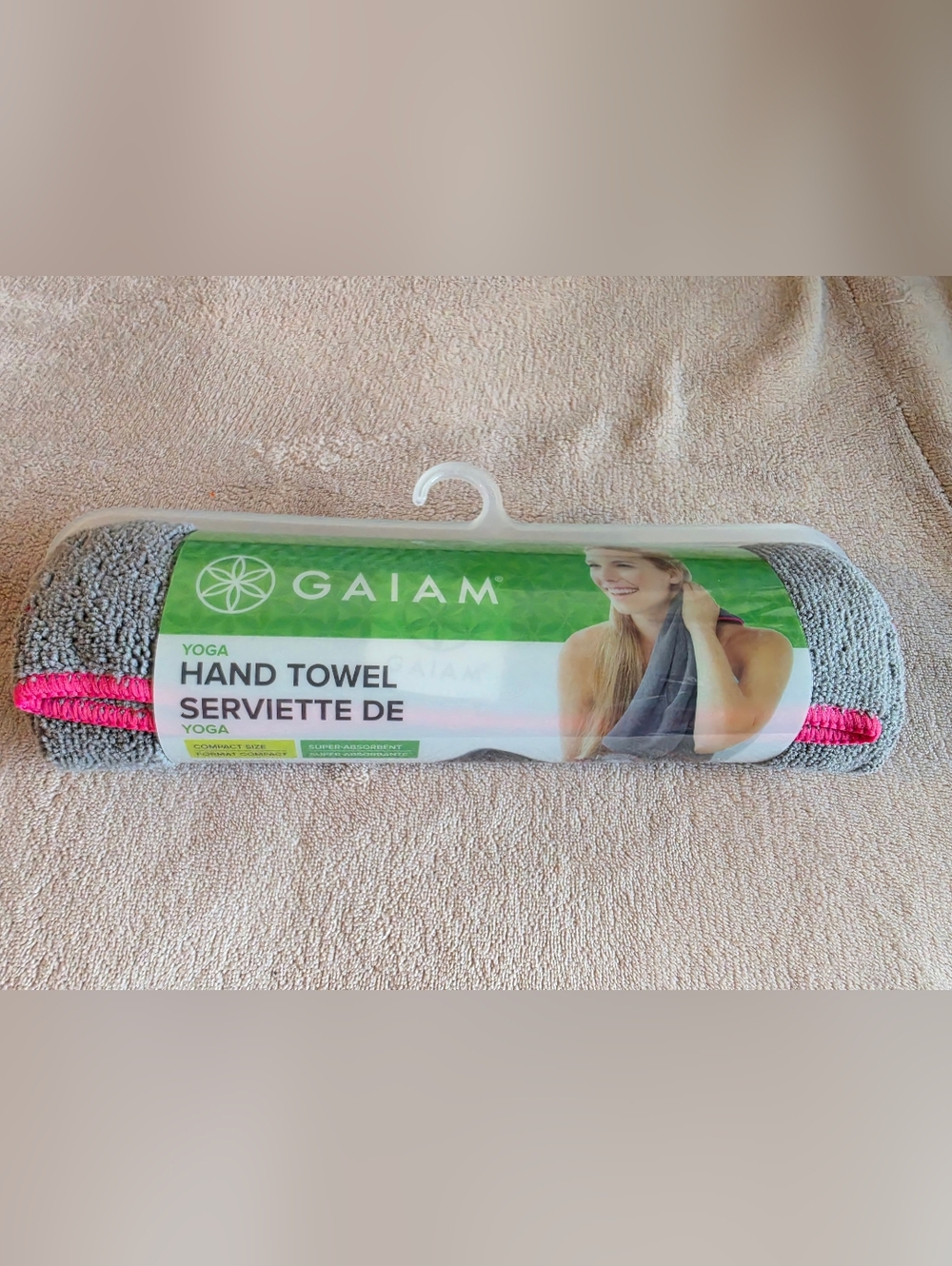 GAIAM Gray Yoga Hand Towel with Hot Pink Edge
